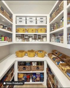 an organized pantry with lots of food in baskets and containers on the shelves next to each other