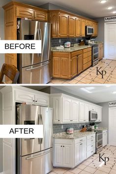 before and after photos of a kitchen remodel with white cabinets, stainless steel appliances