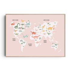 a pink world map with dinosaurs on it