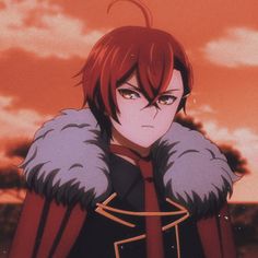 an anime character with red hair and blue eyes wearing a fur collar, standing in front of a sunset