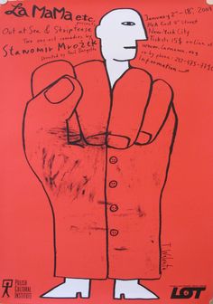 a red poster with a drawing of a man's fist