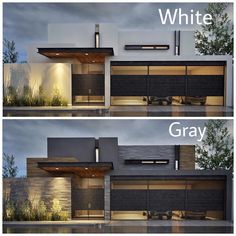 two pictures of a modern house with the same color and size as it appears to be