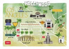 an illustrated map of the los angeless with buildings and palm trees in front of it