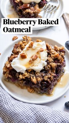 a white plate topped with blueberry crisp pie