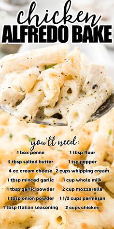 the recipe for chicken alfredo bake is shown on a plate with a serving spoon