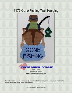 a cross stitch pattern with the words gone fishing and a man on a horse holding a fish