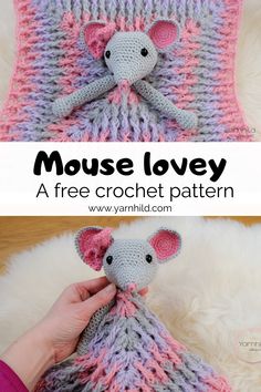 an elephant crocheted blanket with the words mouse lovey written in white and pink