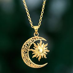 Crafted of 22k gold-plated sterling silver, the sun is caressed by the crescent moon in a sublime pendant necklace from India. Bhavya Jain designs the accessory, which features dot patterns on the sun's tendrils and openwork curl motifs within the moon, all polished for a captivating and radiant look. Moon Design Necklace, Sun And Moon Accessories, Sun Moon Pendant, Pendents Design, Hanna Core, Necklace Pendant Design, Moon And Sun Necklace, Sun And Moon Jewelry, Innovative Jewellery