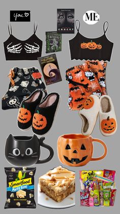 an assortment of halloween items including clothing, food and candy are displayed on a gray background