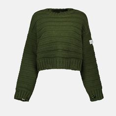 Pull effet usé MM6 collection Automne-Hiver 2024 pour Femme. Réalisé en laine côtelée. Article Couleur vert. Col rond et Manches longues. Knit Trends, Winter Wishlist, Indigo Jeans, City Dress, Airport Fashion, Grey Leggings, Mm6 Maison Margiela, Summer Beach Wear, Shearling Jacket