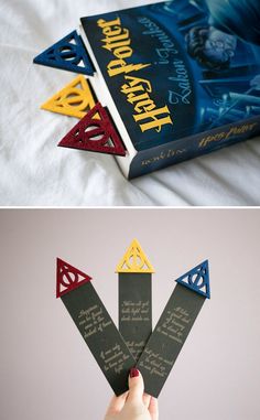 harry potter bookmarks made out of books and folded up in the shape of hogwart's houses