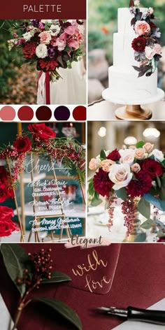 the wedding color palette is red, white and pink with burgundy flowers on each side