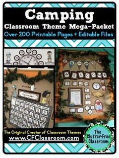 the camping theme is shown in this classroom poster set with pictures and words on it