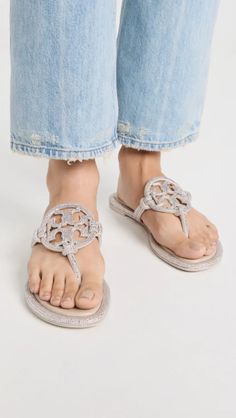 Tory Burch Miller Knotted Pave Sandals | Shopbop Designer Round Toe Sandals With Rhinestones, Designer Embellished Flat Sandals, Designer Sandals With Rhinestones And Round Toe, Designer Rhinestone Sandals With Round Toe, Tory Burch Sandals, Shades Of Beige, Tory Burch Miller, Crystal Embellishment, Tory Burch Shoes