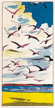 a drawing of birds flying over the ocean