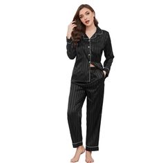 PRICES MAY VARY. ❤️【High Quality Fabric】Our women pajama set are made of high quality striped satin fabric, which is skin-friendly, breathable, lightweight, brightly colored and smooth to the touch. Experience the ultimate in comfort and style. ❤️【Classic Design】: Our women long sleeve silk pajamas feature classic lapel design, front buttons, V-neck, loose but not tight, side pockets for easy access to essentials such as mobile phones and headphones, elastic waistband with adjustable drawstring,