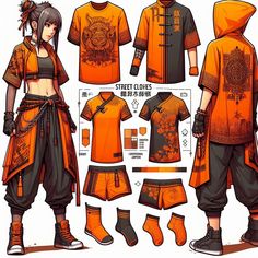 the paper model for an anime character's outfit is shown in orange and black