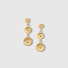 "Circle of Life, Disc, Cup Triple Dangle Earrings with Diamond Detail, 24kt Gold by Prehistoric Works of Istanbul, Turkey. Total length: 29mm (1.1\"),  24kt gold - 4.80 g, diamonds - 0.06 ct Reminiscent of luxury, success, achievement, triumph, royalty, and fortune, the color Gold is named after the precious metal of the same name. The meaning of the color Gold is multifaceted, often denoting generosity and compassion, as well as being synonymous with divinity and power in many religious setting Anniversary Yellow Gold Linear Earrings, Luxury 22k Gold Drop Earrings, 22k Yellow Gold Hammered Earrings, Hammered Yellow Gold Drop Earrings, Gold Tarnish Resistant Round Linear Earrings, Luxury Gold Linear Earrings For Pierced Ears, Luxury Hammered Gold Earrings, Luxury Hammered Drop Earrings, Gold Linear Earrings With Polished Finish As Gift