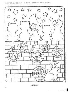 a black and white drawing of cats on a brick wall with stars in the background