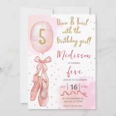 a pink and gold ballon birthday party card with the number five on it's front