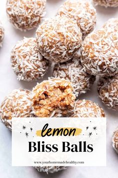 lemon bliss balls on a white surface with the title text overlay reads, lemon bliss balls