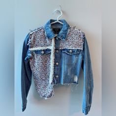 A Unique Mixed-Media Take On The Denim Jacket, This Version Flaunts Multicolor Tweed Panels And Faux-Pearls Drawing Attention To Its Front Opening. Spread Collar Long Sleeves Button Cuffs Front Hook-And-Eye Closures Chest Flap Button Pockets Distressed Cotton/Viscose Machine Wash Imported Blue Casual Tweed Outerwear, Casual Blue Tweed Outerwear, Casual Spring Tweed Outerwear, Casual Tweed Outerwear For Spring, Blue Tweed Outerwear For Spring, Pearls Drawing, Remade Clothes, Remake Clothes, Jean Jacket Patches