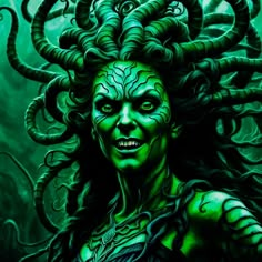 a painting of a woman with green makeup and tentacles on her face, in front of an ocean background