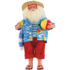 an old man with a long white beard and red pants holding a toy in his hand