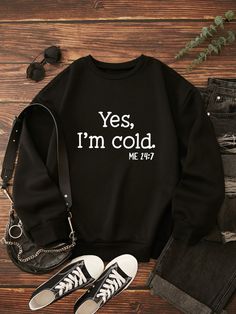 Black Casual Collar Long Sleeve Fabric Slogan Pullovers Embellished Slight Stretch Fall/Winter Women Clothing Cute Outfits Hoodies, Women Sweatshirts, Mode Inspo, Really Cute Outfits, Girl Sweatshirts, Inspiration Mode