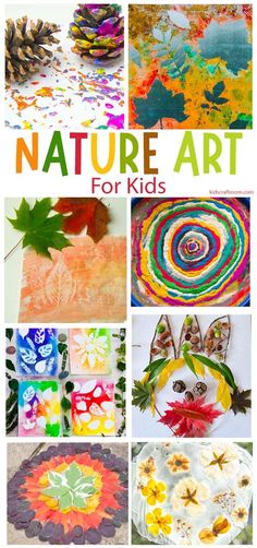 nature art for kids with pictures of leaves, flowers and other things in the background