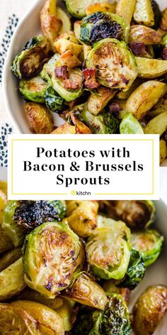 potatoes with bacon and brussel sprouts in a bowl on a table