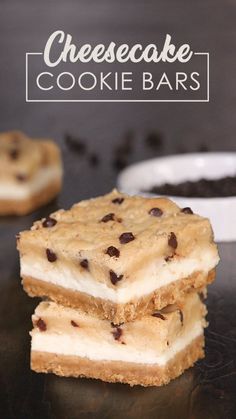 three pieces of cheesecake cookie bars stacked on top of each other