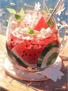 watermelon slices and mint in a glass bowl