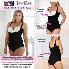 The shapewear for Women that has it all. This InstantFigure compression underbust brief-style bodysuit features comfortable adjustable bra straps and long enough to crisscross in the back. The underbust top enhances your bustline plus allows you to wear the bra of your choice, and the all-over slimming of the torso is priceless. This bodysuit is a unique undergarment that slims and trims your tummy and waist, so you look slimmer in all your clothes. Convenient hook-n-eye gusset makes it easy to Shaping Shapewear With Built-in Bra And Underwire, Contoured Full Coverage Bodysuit With Built-in Bra, Sculpting Shapewear With Built-in Bra And Underwire, Bra-friendly Fitted Push-up Shapewear, Sculpting Underbust Shapewear With Medium Bust Support, Fitted Push-up Shapewear Bra Friendly, Shapewear With Medium Bust Support And Wide Straps, Black Shapewear With Medium Bust Support And Contoured Fit, Sculpting Shapewear With Medium Bust Support