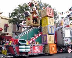 a parade float with lots of toys on it