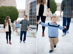 two photos of a toddler walking with his parents