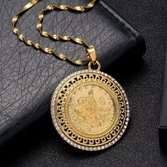 Gold And Crystal Coin Pendant Necklaces Coin Size 42 X42 Mm Chain Length 50_60 Cm Allah Necklace, Middle East Jewelry, Allah Pendant, Necklaces Style, Locket Design, Gold Chain Choker, Ayatul Kursi, Filigree Necklaces, Coin Pendant Necklace