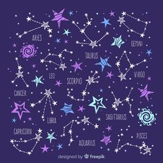 zodiac signs and their names on a purple background with white stars in the sky above them