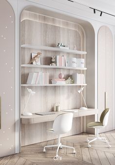 a white desk and chair sitting in front of a book shelf with books on it