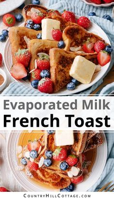 french toast with fresh berries and butter on top is served in white plates, along with other breakfast foods