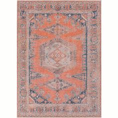 an orange and blue rug on a white background