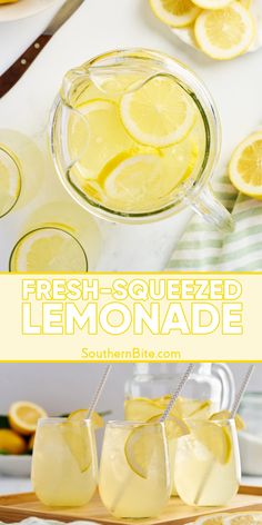 fresh squeezed lemonade is served in glasses on a tray with slices of lemons