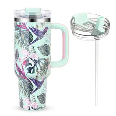 thermos cup with lid and handle is shown next to an image of a bird