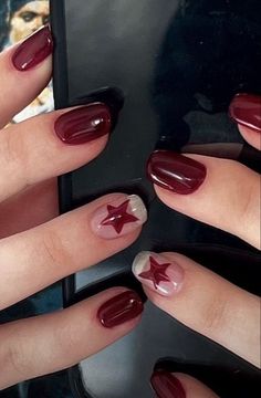 Red Nails Black Star, Star Gel Nails Short, Dark Red Star Nails, Red Star Nails, Subtle Nails, Almond Shape Nails, Star Nails, Red Star, Birthday Nails