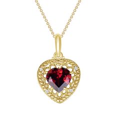 A Heart-Shaped Garnet and Diamond Filigree Charm Pendant Necklace is a stunning piece of jewelry that combines the rich, deep red hue of garnet with the dazzling sparkle of diamonds. The filigree design adds an element of intricate beauty, making this pendant a perfect gift for a loved one or a cherished addition to your own jewelry collection. Product Information • Metal: 10k or 14k in Yellow/Rose/White Gold• Weight: 10k - 1.3 g. | 14k - 1.4 g. • Dimensions: 0.7" inches x 0.5" inches • Center Stone: Genuine Garnet, Heart-Shaped, 7 x 7 mm, 1.2 cts (approx.) • Side Stones: Diamond, Round-Shaped, 1 mm, 0.20 cts (approx.)• Chain: Rolo Chain with Spring Ring Clasp - 1 g. SKU: QM1759 Ruby Heart Pendant Necklace For Wedding, Fine Ruby Heart-shaped Jewelry, Fine Ruby Heart Jewelry, Elegant Ruby Heart Cut Jewelry, Elegant Heart Cut Ruby Jewelry, Elegant Filigree Jewelry For Valentine's Day, Formal Heart Cut Birthstone Necklace, Ruby Heart Pendant Jewelry For Anniversary, Fine Jewelry Ruby Necklace For Valentine's Day