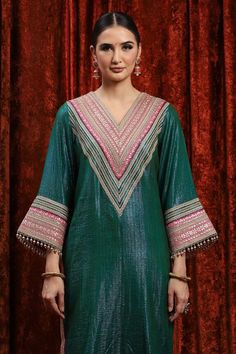 Dark green kurta with gota, dori and badla embroidered bodice and cuffs. Paired with a tulip pant with gota embroidered panels and chequered pattern dupatta. - Aza Fashions Tulip Pants, Kurta Cotton, Embroidered Bodice, Pants Pattern, Checkered Pattern, Pant Set, Set For Women, Aza Fashion, Full Sleeve