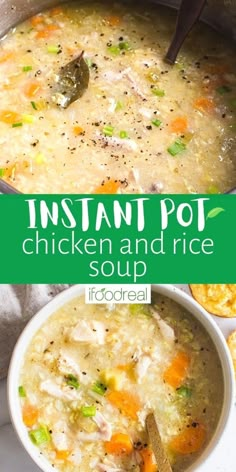 instant pot chicken and rice soup in a white bowl