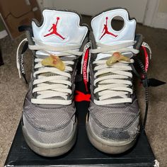 Off white Jordan 5 All laces og all 8/10 condition left shoe is ripped from skating Jordan 5s, White Jordans, Jordan 5 Retro, Jordan 5, Skating, Shoe Laces, Athletic Shoes, Men's Shoes, Jordan