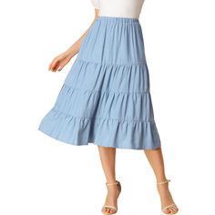 Slant pockets for effortless wear and an A-line tiered flare hem help to create an elegant and flowy look in spring or summer. In a midi length, this skirt with a fit-and-flare silhouette and an elastic waist exudes a carefree summer feel. This midi skirt features a ruffle hem and side pockets for a crisp finish to any look. Pair it with any sandals to create a variety of looks. Long A Line Skirt, Sister Missionary, Midi Skirt With Pockets, Tiered Midi Skirt, Langer Rock, Work Skirts, Skirt With Pockets, Mid Length Skirts, Midi Skirts