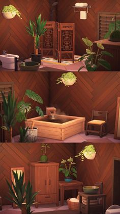 three different views of a room with wooden walls and plants on the floor, in front of